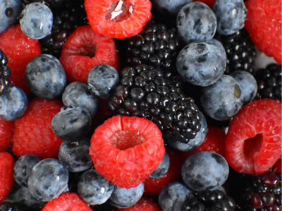 Closeup of blackberries, blueberries and raspberries.
